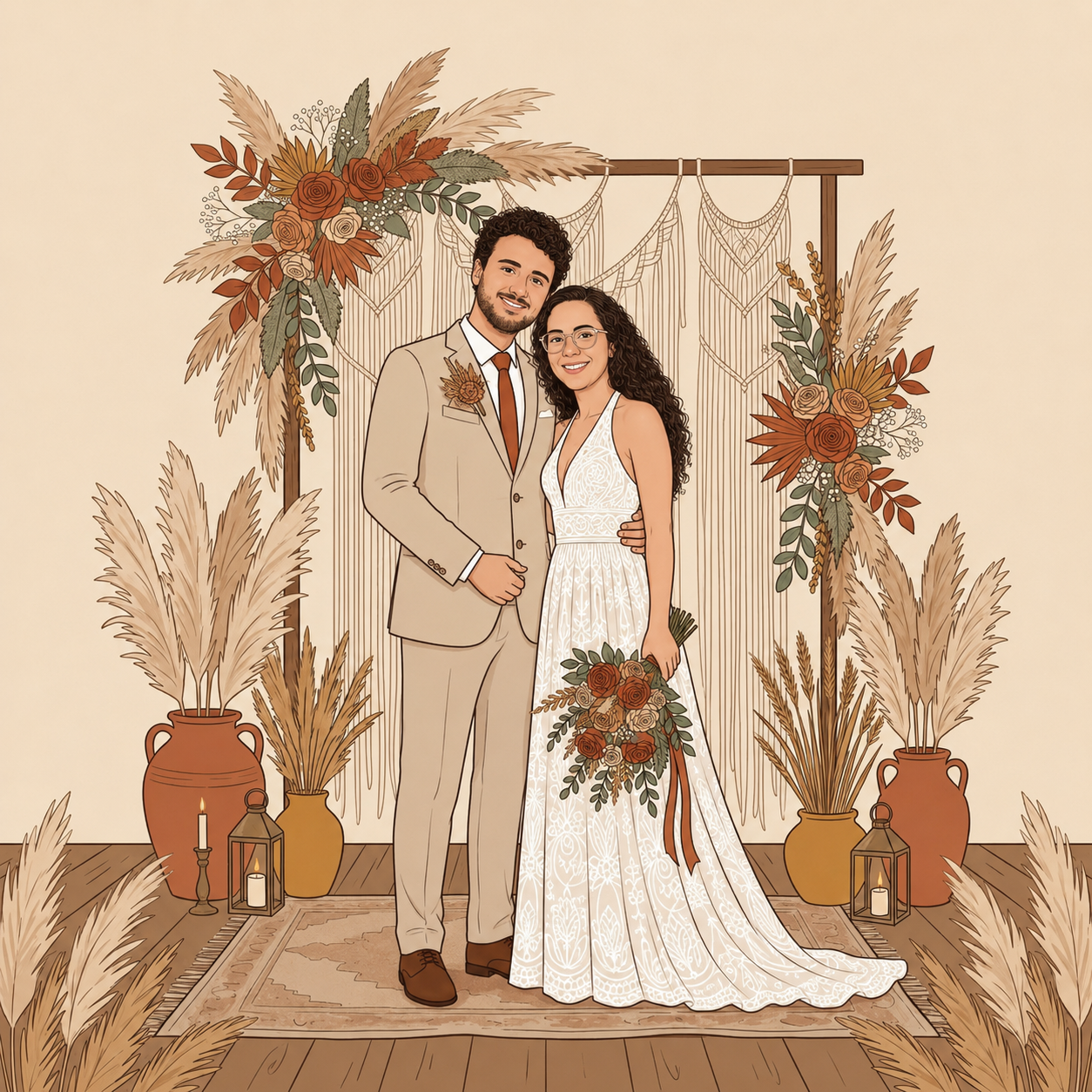 Foto artística do casal Bárbara e Henrique celebrando juntos em harmonia boho